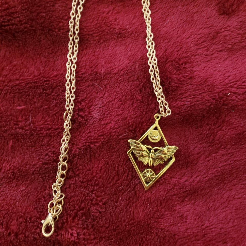 Butterfly Celestial Moon and Sun Pendant with Chain Necklace - Gold Bronze